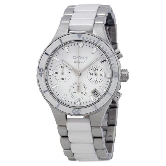 NWT Authentic DKNY Chronograph Wite Dial Steel and Ceramic Bracelet Women's Watc - Picture 1 of 4